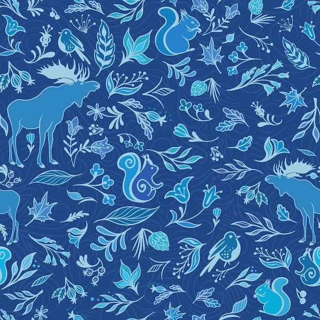 Seamless sketch new year blue winter background with leaves and animals