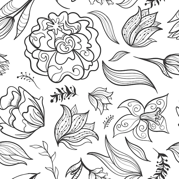 Seamless sketch texture with fantastic ornamental doodle flowers and leaves