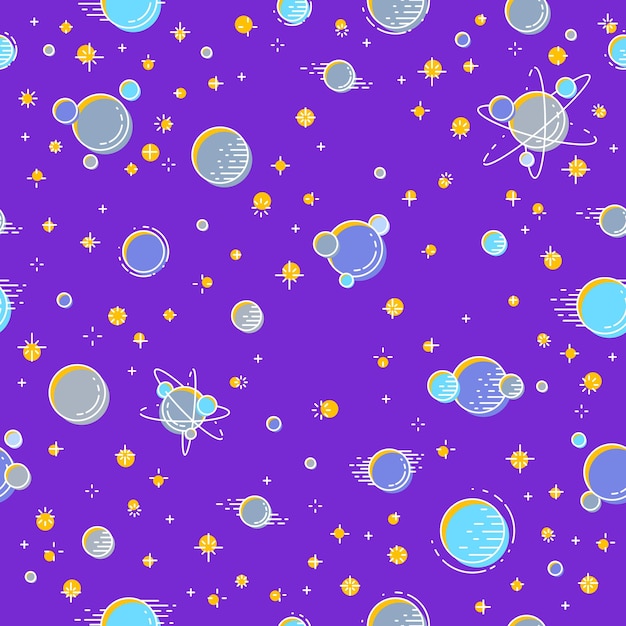 Seamless space background with planets, stars, asteroids and meteors, undiscovered deep cosmos fantastic and breathtaking textile fabric for children, endless tiling pattern, vector illustration.