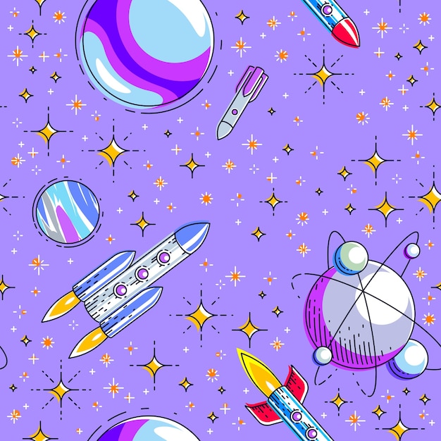 Seamless space background with rockets, planets and stars, undiscovered deep cosmos fantastic and breathtaking textile fabric for children, endless tiling pattern, vector illustration cartoon motif.