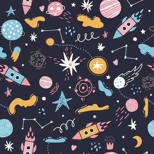 Seamless space pattern. Rockets, stars, planets.