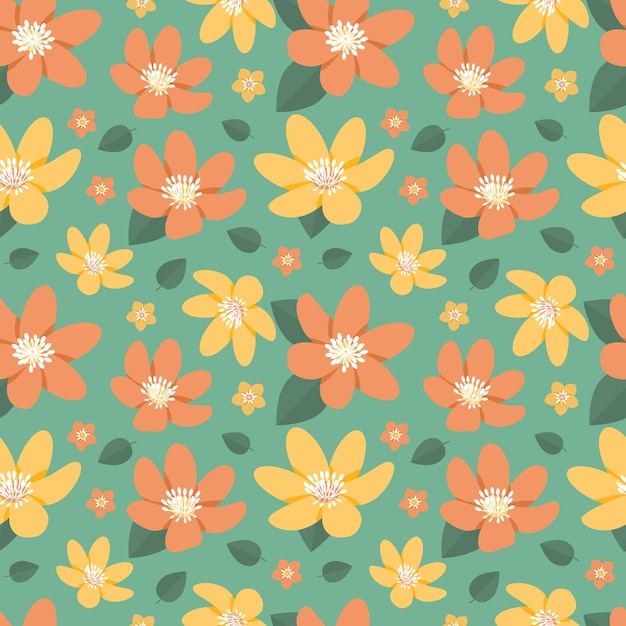 Seamless spring and summer pattern with small and big flowers and leaves