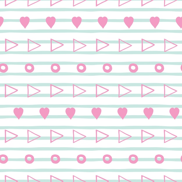 Seamless striped hand drawn pattern in pink and blue colors with triangle dots hearts elements in ornate Abstract vector stroked background with grunge effect Love style