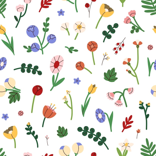 Seamless summer floral pattern. Bright flowers print on white background. Repeating design with multicolored blooming plants. Endless romantic texture. Colored flat vector illustration for fabric