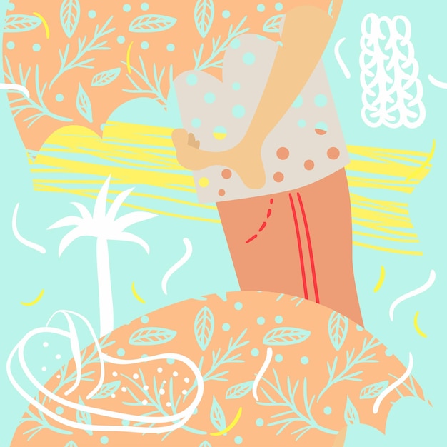 Seamless summer pattern with umbrella, palm tree, sandals and barefoot. Memphis style