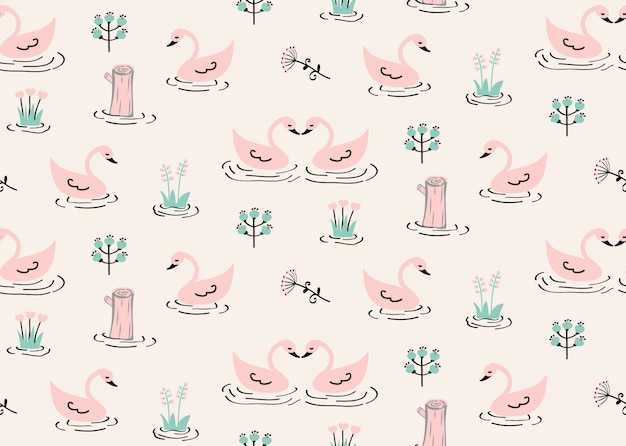 Seamless swan pattern with stump and wild flowers in canal.