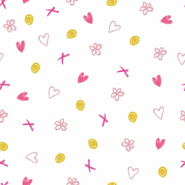 Seamless sweet pattern background with flower,heart and dot from chalk colour , kids pattern