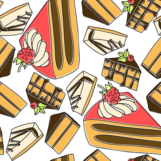 Seamless sweet pattern with any piece of cake in hand draw color style. Vector illustration.