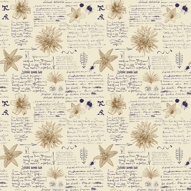 seamless textural background in the style of notes from the diary of a botanist with sketches