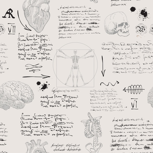 seamless textural background in the style of notes from the diary of a scientist anatomist