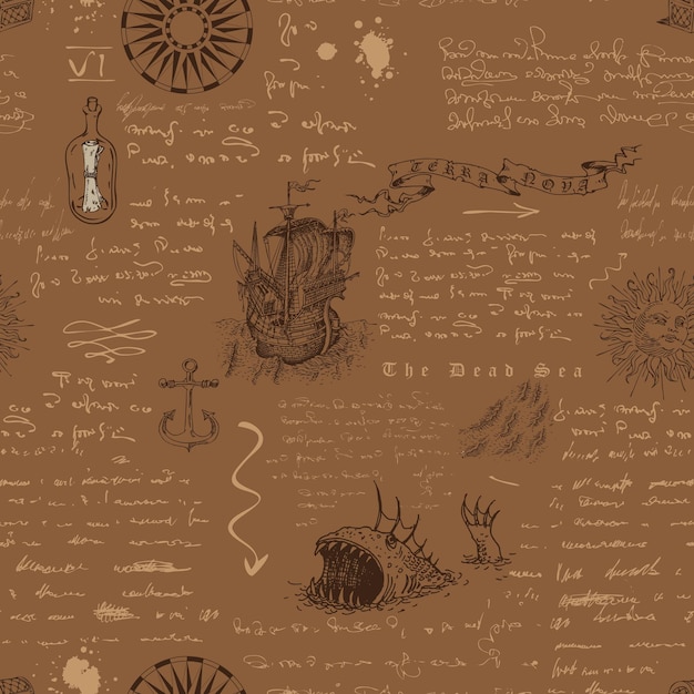 seamless texture in the style of a medieval nautical record of the captain's diary engraving