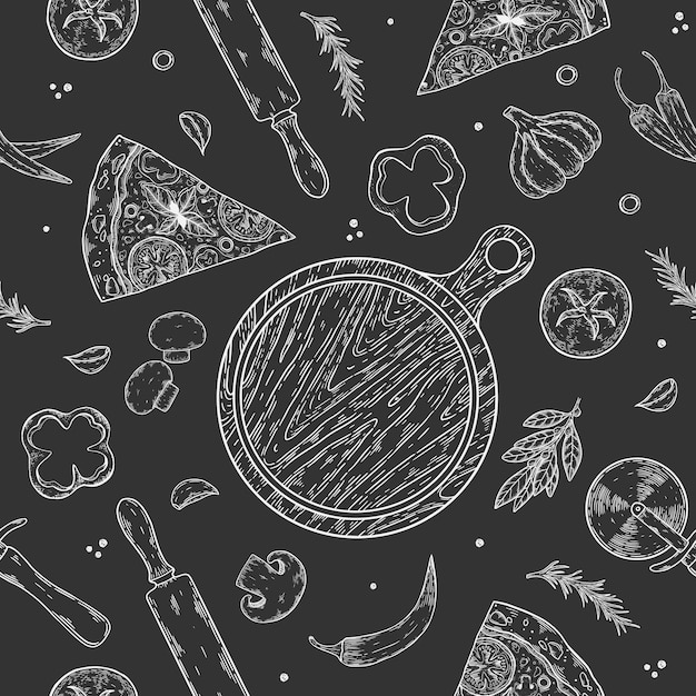 Seamless texture Vector color image of a pizza Slices with various ingredients