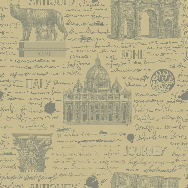 seamless texture with antique italy landmarks in the style of traveler notes and sketches