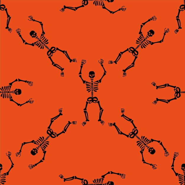 Seamless texture with black skeletons dancing and having fun on a orange background