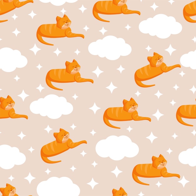 Seamless texture with ginger cat clouds and stars for textile fabric vector illustration