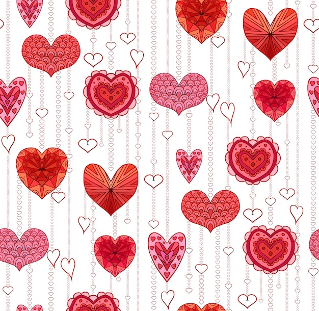 Seamless texture with red hanging doodle hearts for your creativity