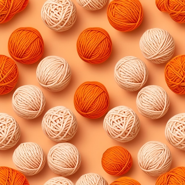 Vector seamless tile pattern of yarn balls on a soft orange background