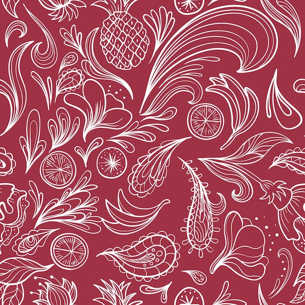 Seamless travel texture with swirls paisley ornaments and fruits for holiday deign