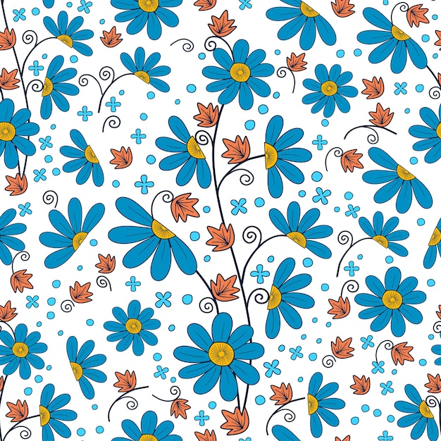 Seamless trendy abstract floral pattern, hand drawn style. Blue, yellow plants, vector