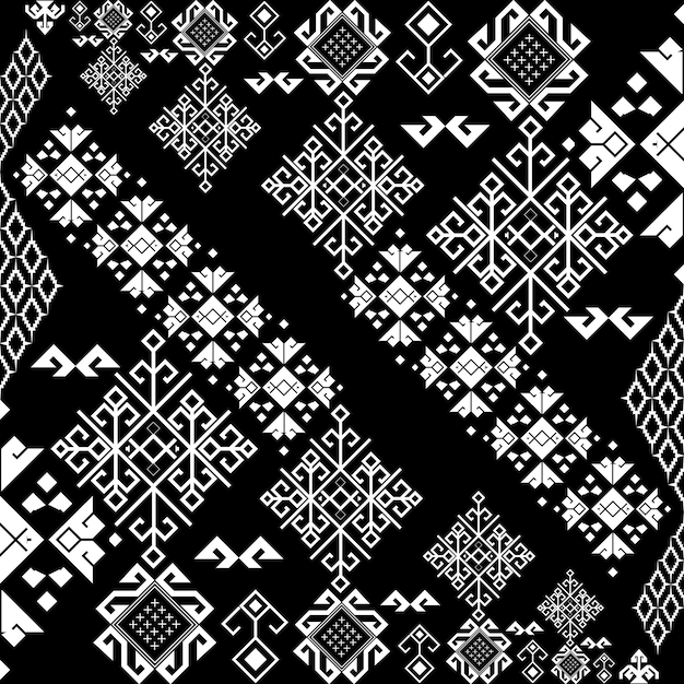 Seamless tribal fabric pattern black and white background used to design fabrics for making clothes