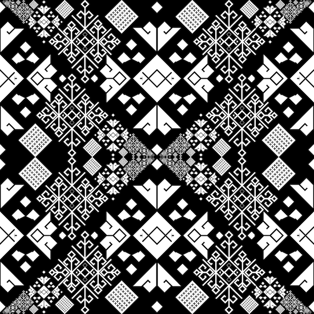 Seamless tribal fabric pattern black and white background used to design fabrics for making clothes