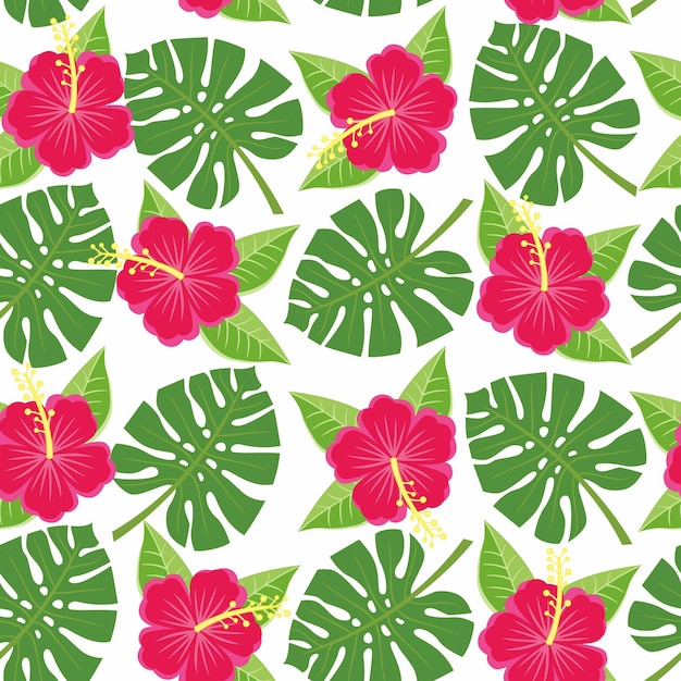 Seamless tropical leaves and flowers monstera and hibiscus