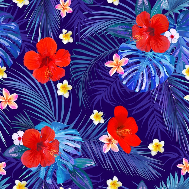 Seamless tropical motif with leaves and flowers