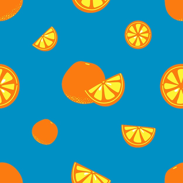 Seamless tropical pattern of oranges on a blue background