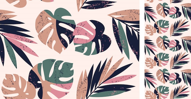  seamless tropical pattern with monstera and palm leaves