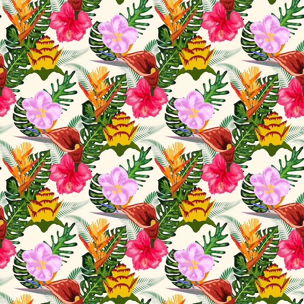 Seamless tropical pattern with palm monstera leaves and many flowers of hibiscus sterlitz tropical