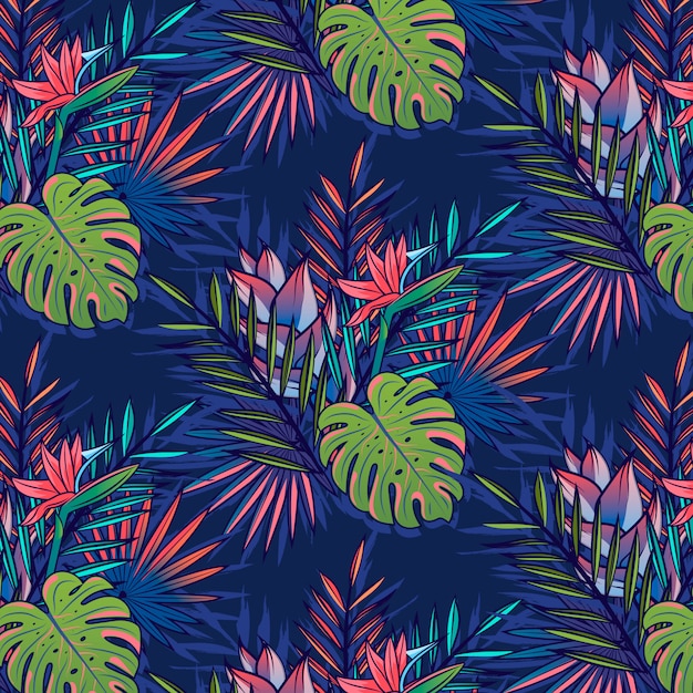 Seamless tropical pattern with palms, monstera leaves.