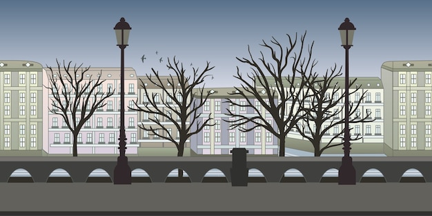 Seamless unending background for arcade game or animation. European city street with buildings, trees and lampposts. illustration, parallax ready.