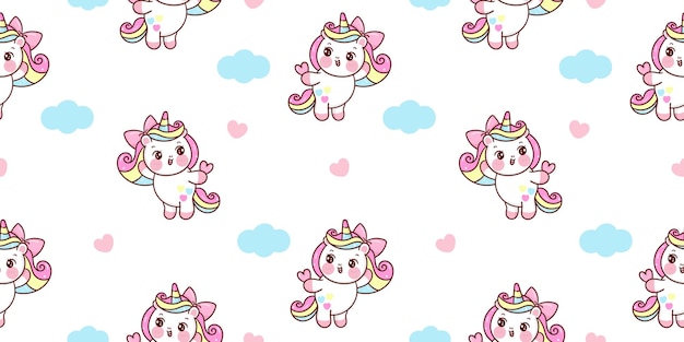 Seamless Unicorn pony cartoon with heart and cloud kawaii animals