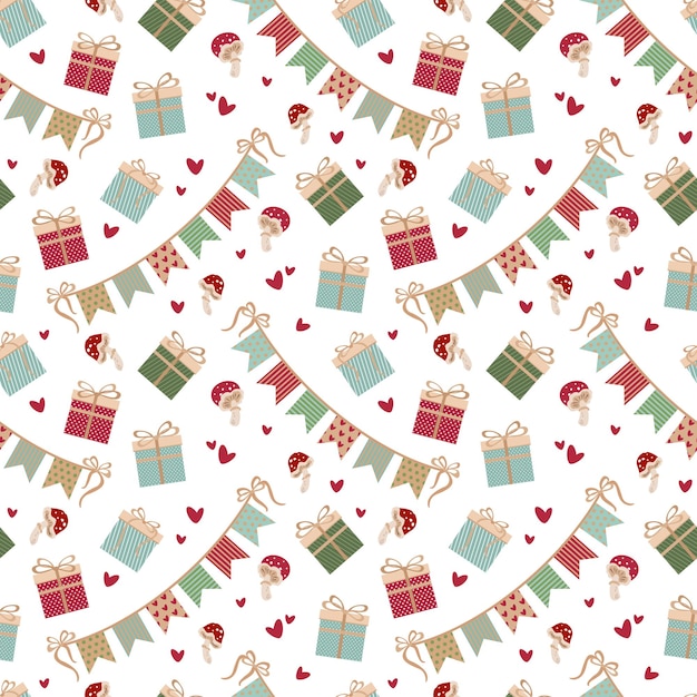 Seamless universal holiday pattern. A garland of flags, boxes with gifts and bows, hearts