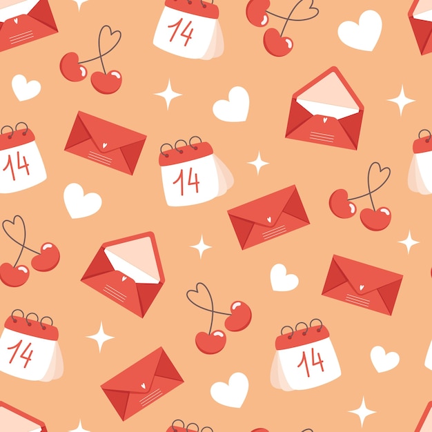 Seamless valentine's day pattern with envelopes and calendar in flat style