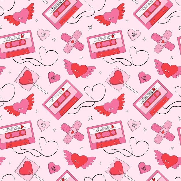 Seamless valentines day pattern in trendy retro y2k style