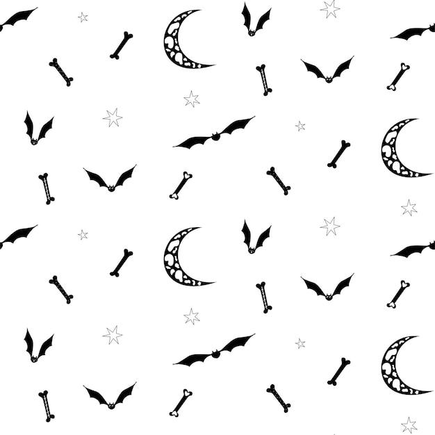 Seamless vector background for Halloween Bones moon stars and bats on a white background