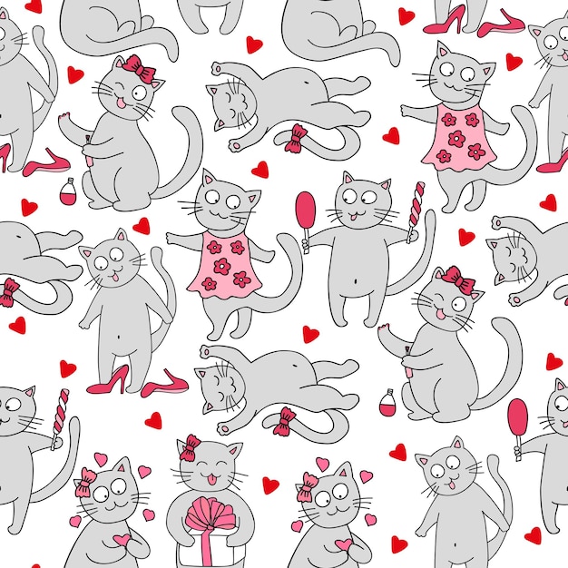 Seamless vector background with hearts cats love illustration for fabric scrapbooking paper