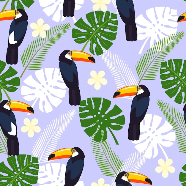 Seamless vector background with tropical leaves flowers and toucans Textile Design toucan