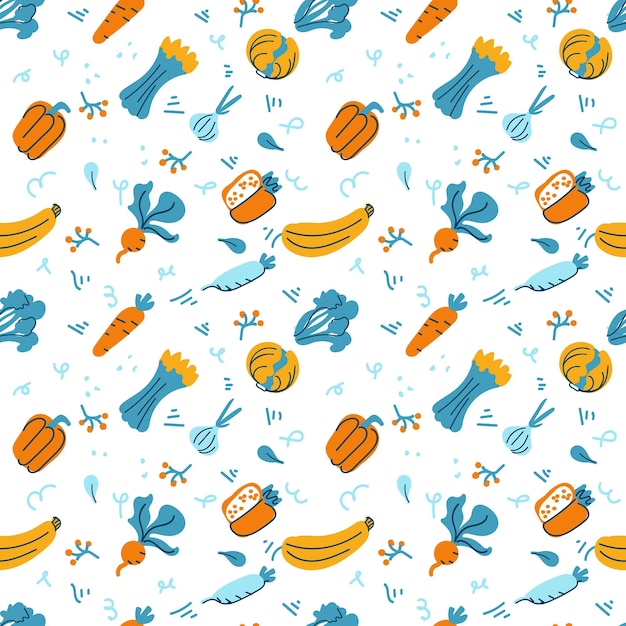 Seamless vector background with various fruits and vegetables