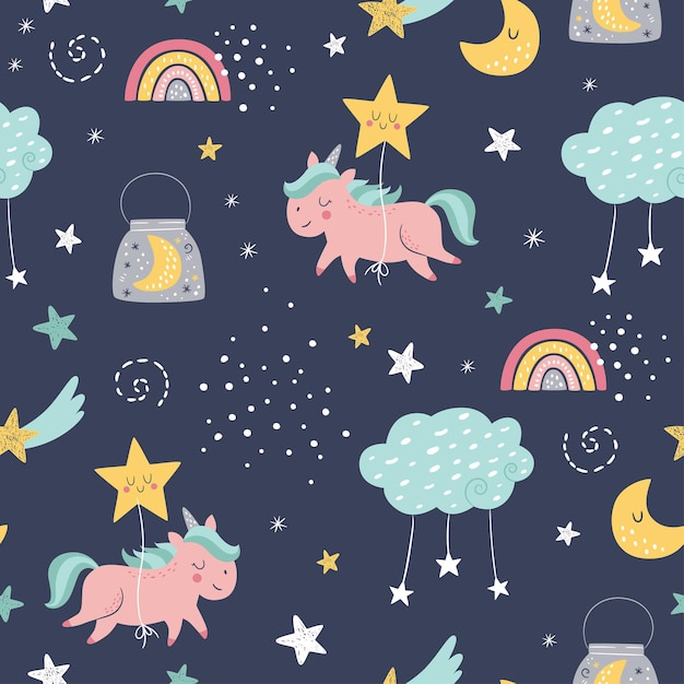 Seamless vector childish pattern with cute unicorns, clouds, moon, rainbow, stars.