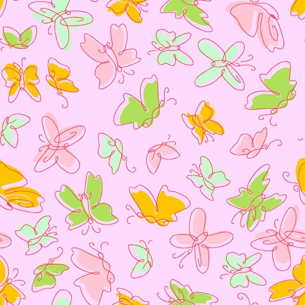 Seamless Vector Colorful Pattern with Flying Butterflies Pink Background