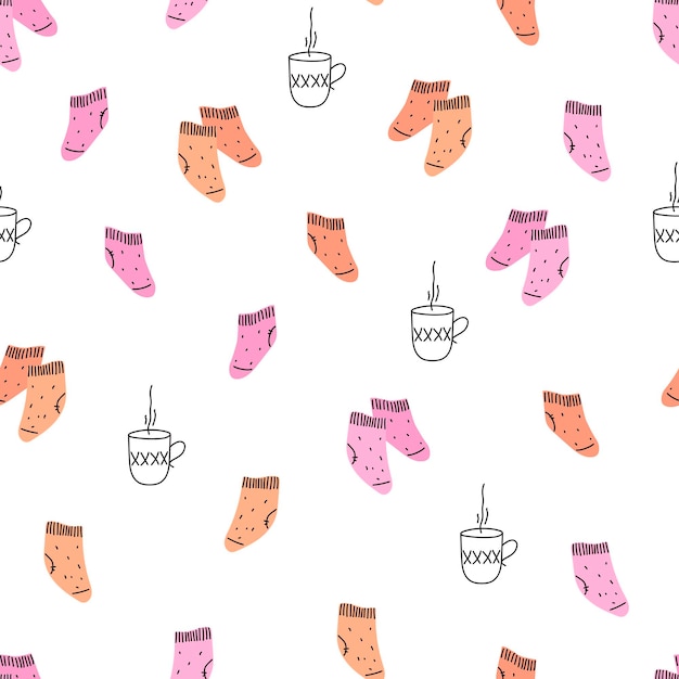 Seamless vector cute pattern with knitted socks and a mug of tea Hygge concept