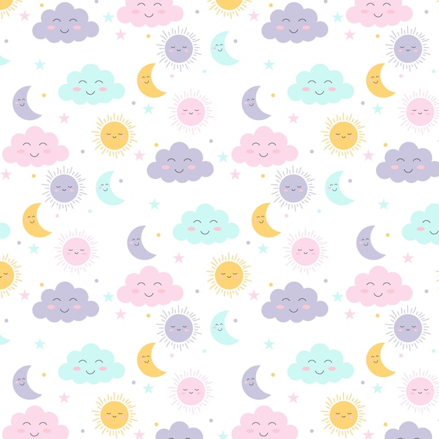 Seamless vector design with moon sun stars and clouds Children's illustration Vector