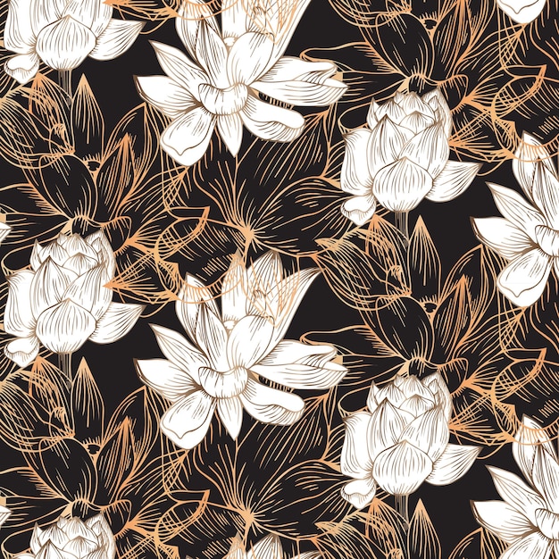 seamless vector floral lotus gold hand drawn pattern