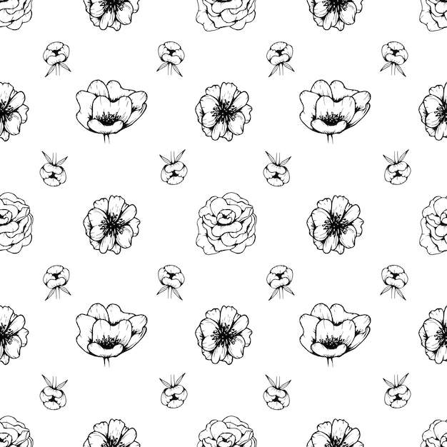 Seamless vector floral pattern with peonies and anemones flowers