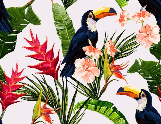 Seamless vector floral summer pattern background with tropical palm leaves toucan heliconia bird