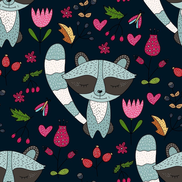 Seamless vector forest pattern with cute color illustrations