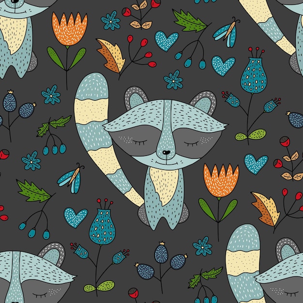 Seamless vector forest pattern with cute color illustrations