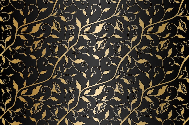 Seamless vector golden texture floral pattern. Luxury repeating damask black background. Premium wrapping paper or silk gold cloth with leaves and flowers.